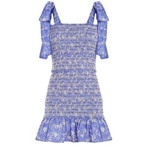 LoveShackFancy Belle Smocked Tie Straps Cotton Mini Dress Blue Jay Floral Print